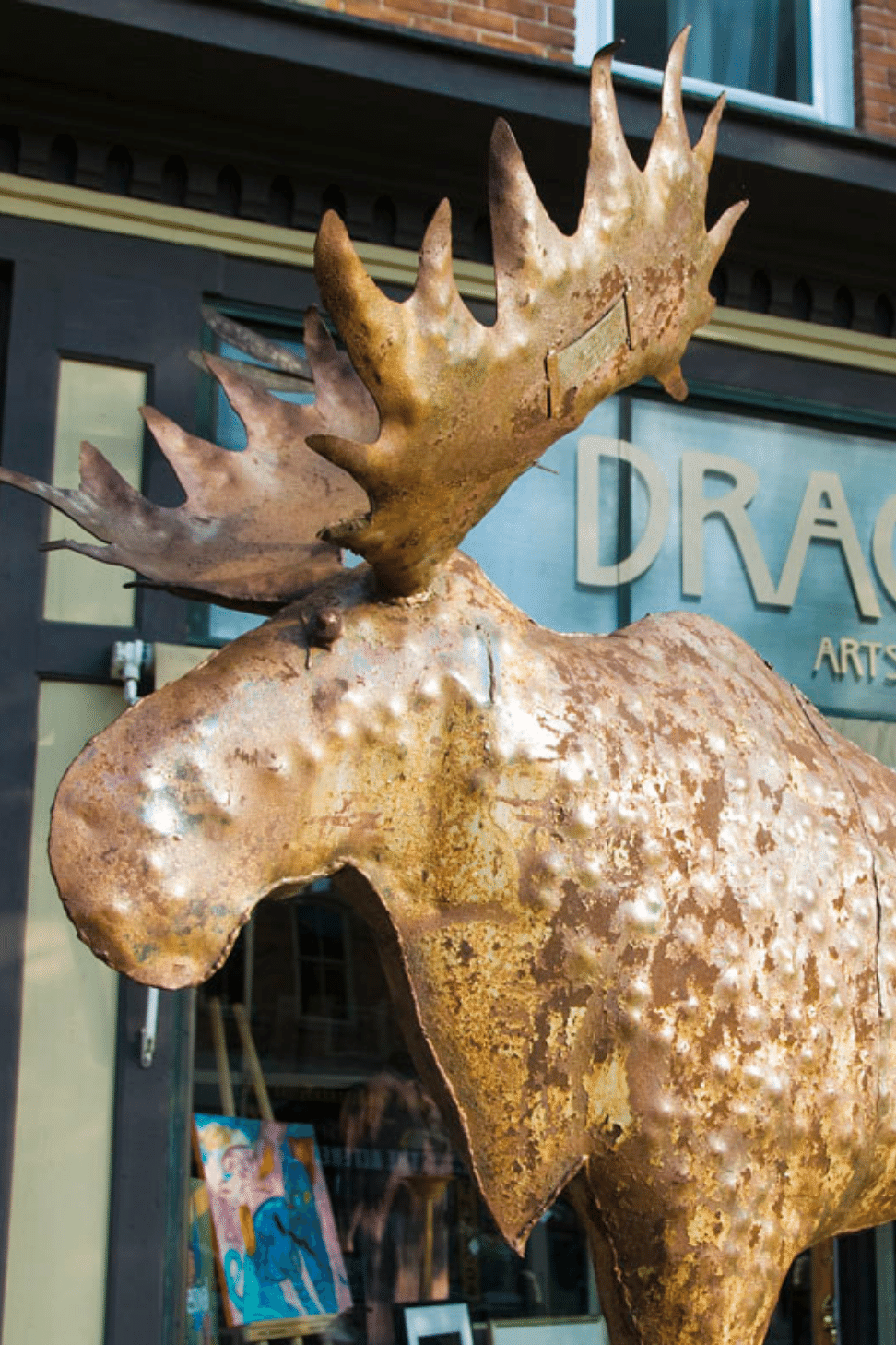Metal statute of a moose